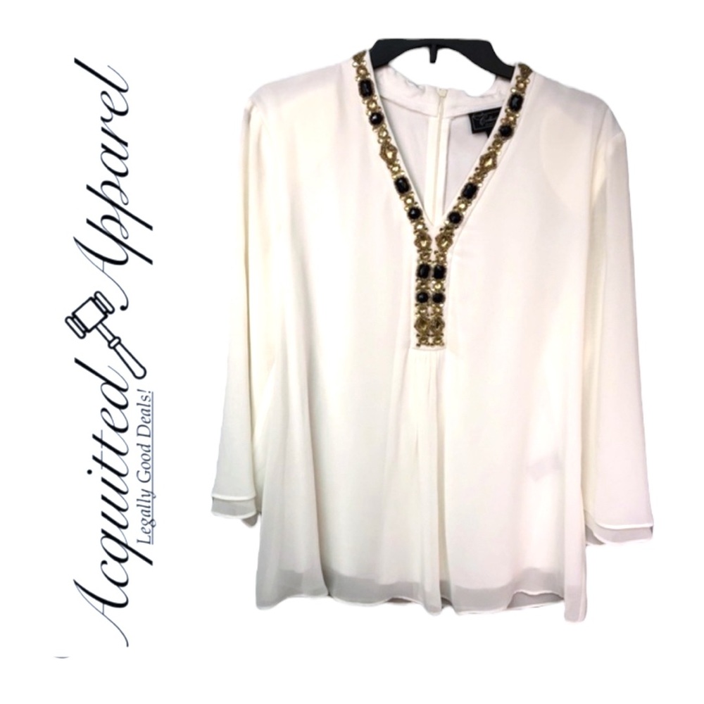 Dressbarn Collection Beaded Jeweled Collar Blouse Top